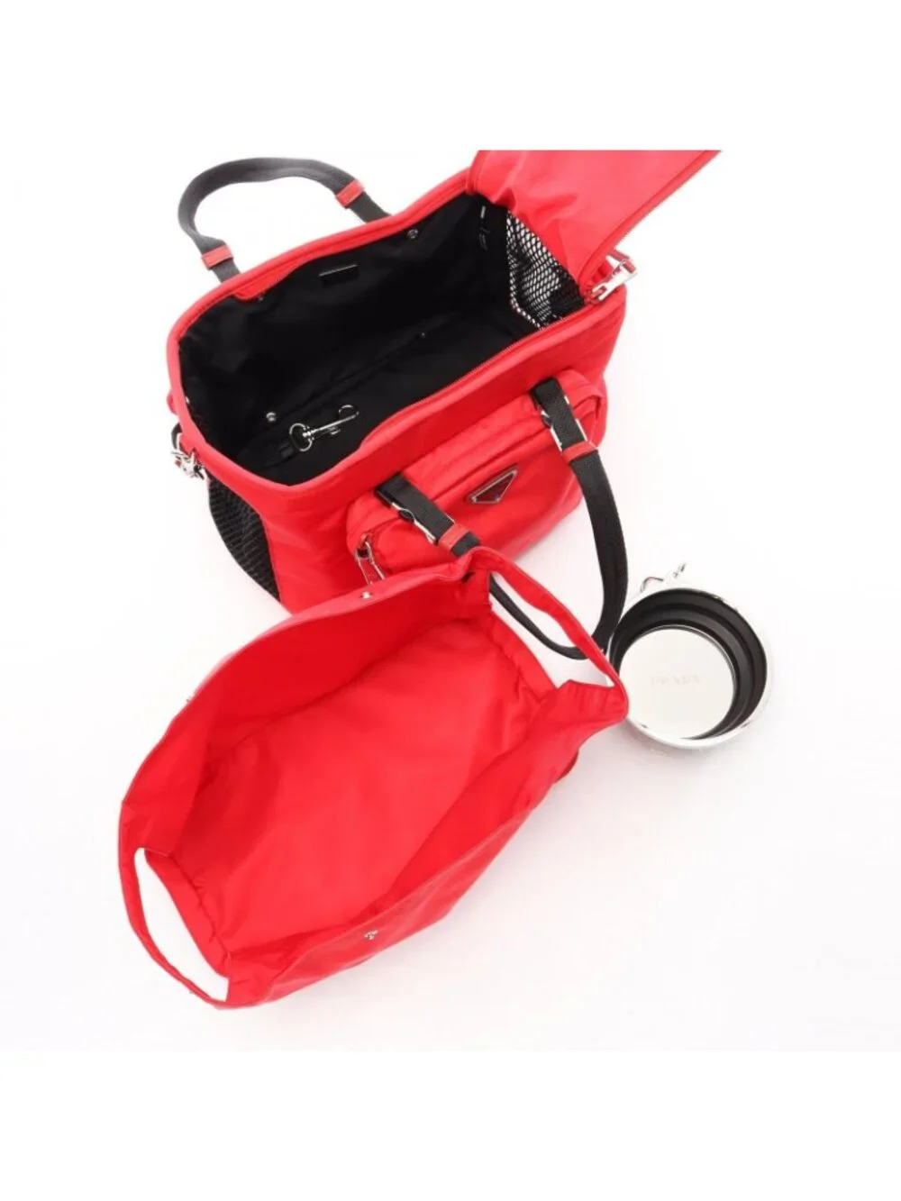 Prada Handbag Re-Nylon Pet Bag 2-Way Red Black Nylon Saffiano Leather